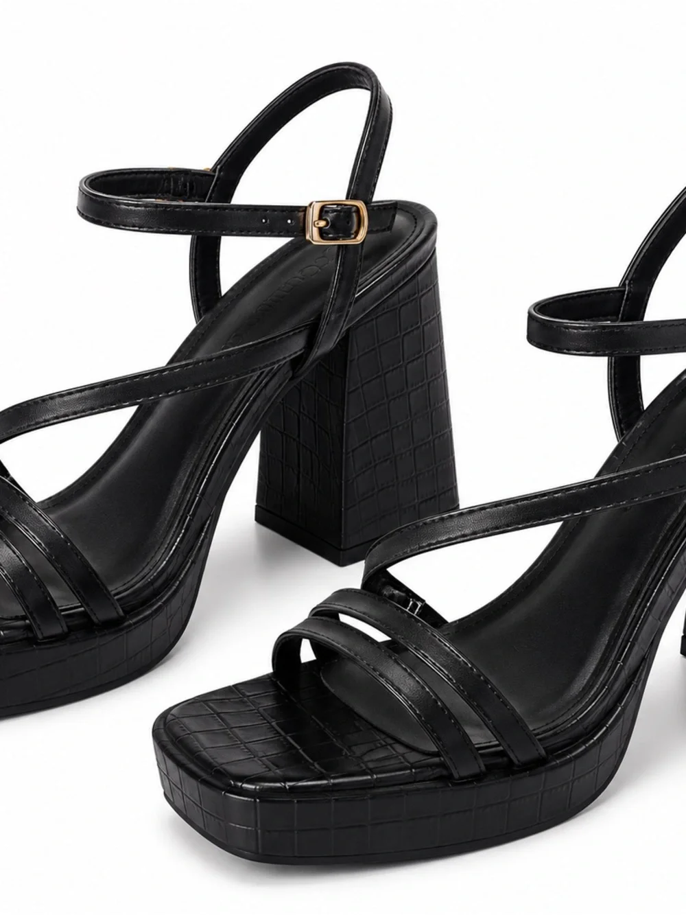 Black Croc-Embossed Platform Block Heel Sandals - Women